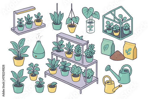 Isometric collection of indoor gardening supplies and potted houseplant care items