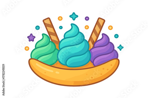 Colorful banana split dessert with three scoops of soft serve and wafer sticks on white background
