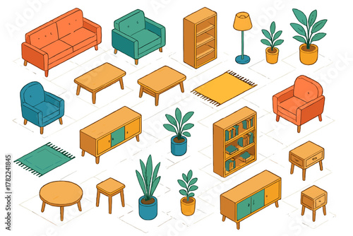 Isometric set of colorful mid-century modern living room furniture and potted houseplants