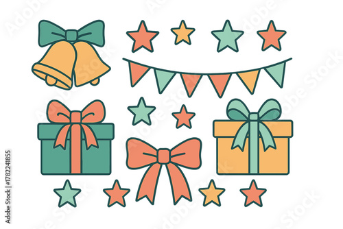 Festive holiday elements collection featuring gift boxes, decorative bows, ringing bells, and party stars