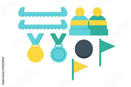 Colorful winter sports elements including gold and silver medals, skate blades, puck, and beanies