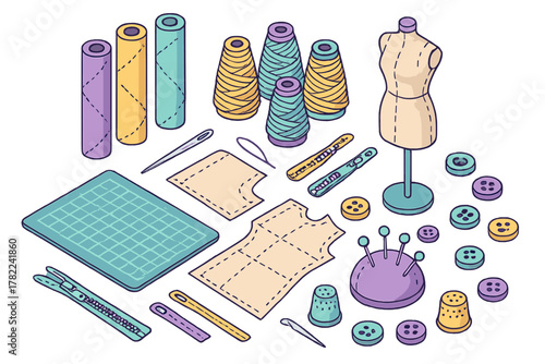 Colorful sewing and tailoring supplies set including thread spools, buttons, and dress form