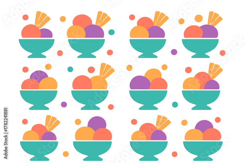 Seamless repeating design of vibrant ice cream sundaes in turquoise bowls with waffle cone toppings