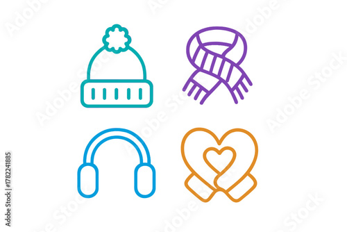 Colorful outline icons of winter accessories and care: beanie, scarf, headphones, and heart hands symbol