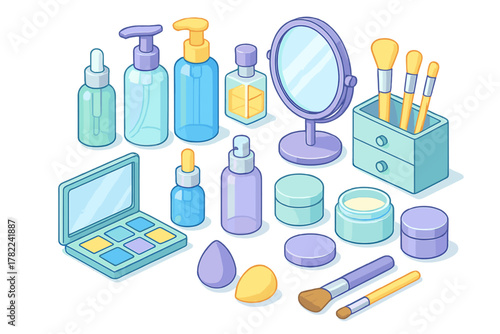 Isometric set of beauty products, skincare items, and makeup tools for personal care routine