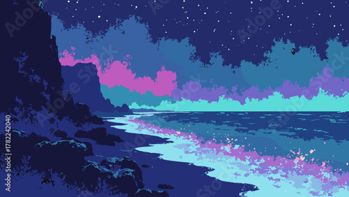 Neon basalt shore — hexagonal columns rim-lit with neon threads and glossy tidepools, palette: basalt black, neon teal, magenta, no people