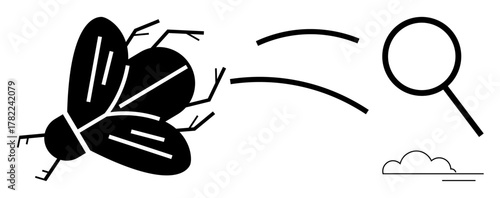 Bug flying toward a magnifying glass with curved motion lines and a small cloud beneath. Ideal for analysis, research, science, observation, nature study, entomology, minimalism. Simple flat metaphor