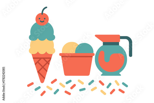 Stylized frozen desserts collection with waffle cone, ice cream scoops, and syrup dispenser