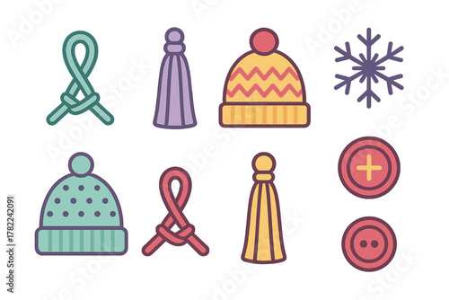 Colorful set of winter clothing accessories, knitted hats, tassels, and sewing buttons