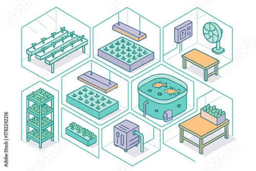 Isometric diagram of hydroponic and aquaponic technology modules for sustainable farming