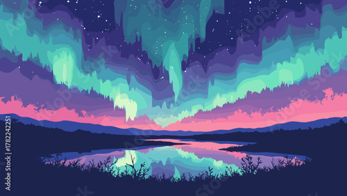 Retro-aurora marshland — wide marsh under layered aurora bands with VHS grain, palette: emerald, magenta, navy, no people