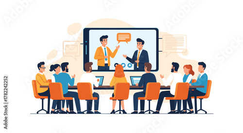 Diverse team collaborates remotely, engaging in a dynamic video conference for global business discussions