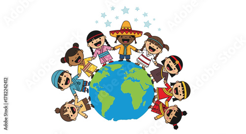 Diverse children united around the globe celebrating unity, harmony, and global friendship with joy and laughter