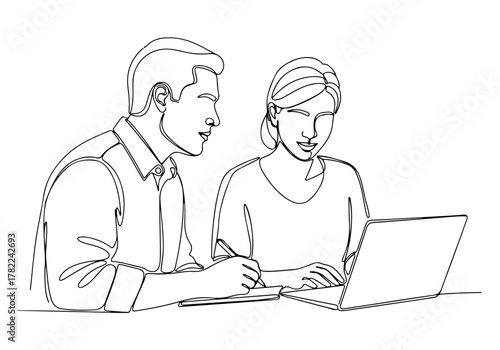 Continuous line drawing Two business professionals collaborating at a desk, a modern art sketch