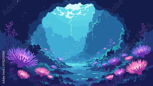 Neon tidal cavern — underwater cave mouth rimmed with electric anemone lights, palette: electric blue, violet, coal, no people