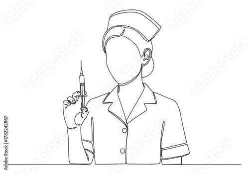 Continuous line drawing art sketch of a nurse holding a syringe, healthcare medical illustration