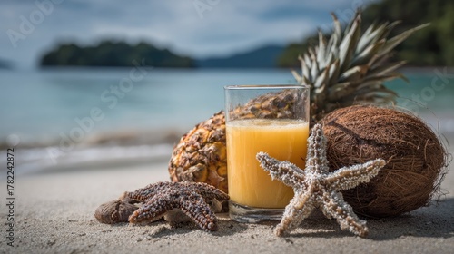 Fototapeta Naklejka Na Ścianę i Meble -  Refreshing tropical beverage and fruits sit on a sandy beach.