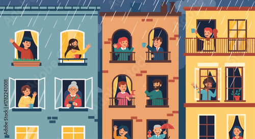 Diverse neighbors connect from apartment windows during a gentle rain shower, sharing smiles and waves