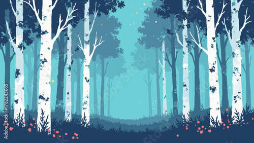 Laser-birch grove — white birches with trunks traced in thin neon lines and floating motes, palette: birch white, neon cyan, soft gray, no people