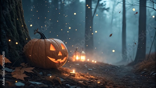 Glowing Halloween Pumpkin with Candle in Spooky Forest Path