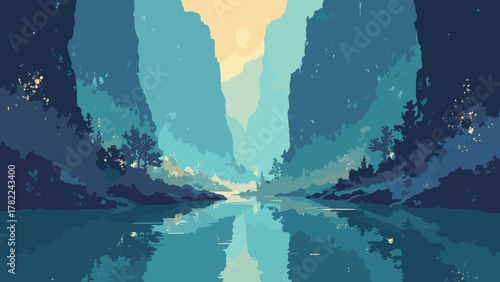 Holographic canyon lake — calm lake inside a canyon whose walls display shifting light glyphs, palette: teal, gold, obsidian, no people