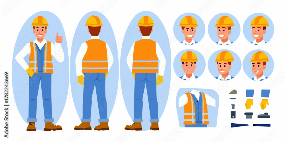 Fototapeta premium Construction worker character set with front and back views and various facial expressions and accessories