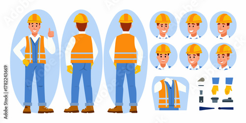 Construction worker character set with front and back views and various facial expressions and accessories