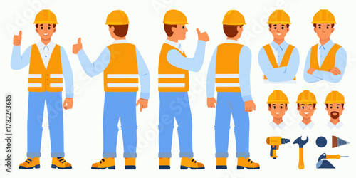 Construction worker character set with multiple poses faces and tools for design projects