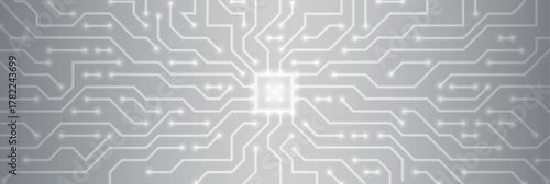 White circuit board pattern with glowing tech lines on gray background. Central processor hub connected to network of electronic pathways and nodes. Futuristic cyber digital technology texture.