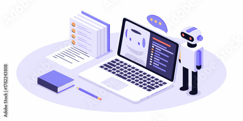 Modern isometric illustration of a robot assisting with digital tasks on a laptop and documents