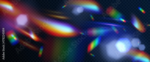 Prism lens flare background with rainbow light leaks and bokeh circles - blurred gradient overlay in vibrant neon colors. Abstract aberration texture for creative photography or digital art projects.