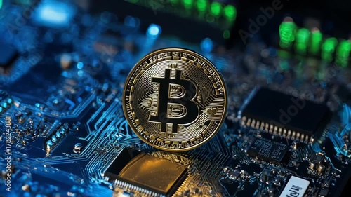 Golden Bitcoin Coin on Futuristic Blue Circuit Board Macro Shot.
