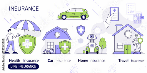 Diverse insurance coverage explained through simple flat illustrations including health car home and travel
