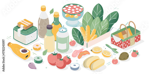 Isometric arrangement of fresh food items and groceries for a healthy lifestyle and meal preparation