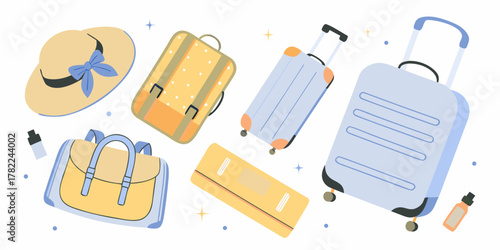 Collection of travel accessories including suitcases a hat and bags for vacation preparation