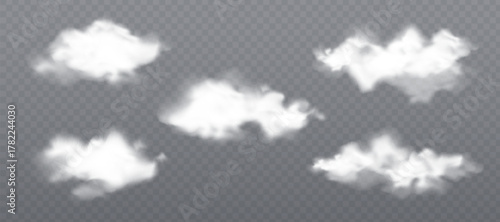Fluffy white clouds on transparent background - realistic soft smoke forms with natural sky texture and blurred edges. Vector set of various cloud shapes for weather graphics or atmospheric design.