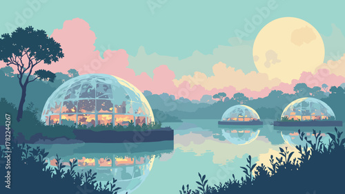 Retro-lagoon greenhouse — floating greenhouse domes on a lagoon emitting soft pastel glows, palette: blush, mint, gold, no people