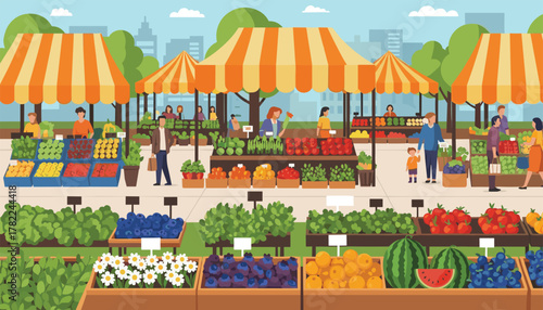 Vibrant outdoor market brimming with fresh produce and happy shoppers enjoying a sunny day of commerce