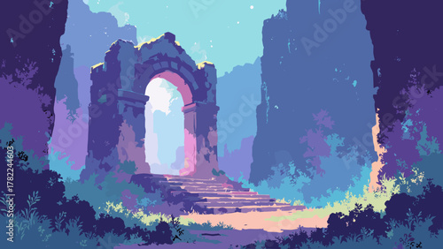 Holographic cliff chapel ruins — small ruin showing light-etched arches and prism moss, palette: ash, holo lilac, teal, no people