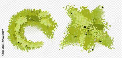 Matcha green tea powder splash isolated on transparent background with scattered particles and leaf fragments. Dispersed organic texture top view - natural culinary ingredient for beverages or recipes