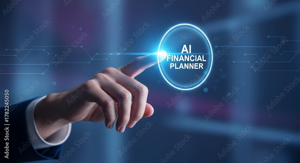 Naklejka premium Hand interacting with ai financial planner interface on a digital screen display