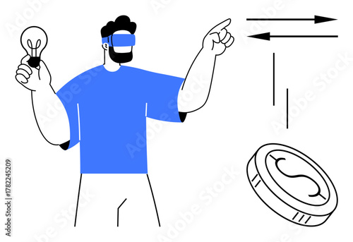 Man in VR headset holding a light bulb, pointing at arrows and a coin. Ideal for innovation, technology, virtual reality, creativity, business strategy, financial concepts, simple flat metaphor
