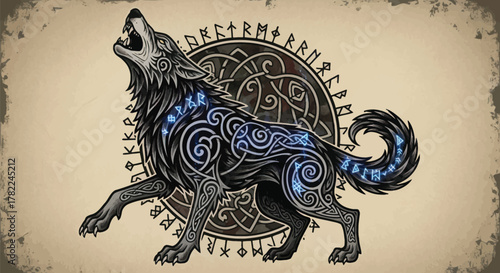 Viking wolf howling under runic circle, a striking symbol of Norse mythology and wild spirit, perfect for fantasy art or historical designs