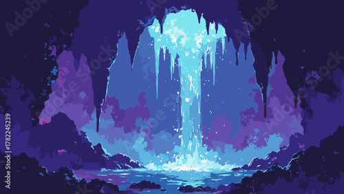 Electric grotto — cavern of crystalline stalactites dripping neon droplets into a black pool, palette: electric blue, violet, onyx, no people