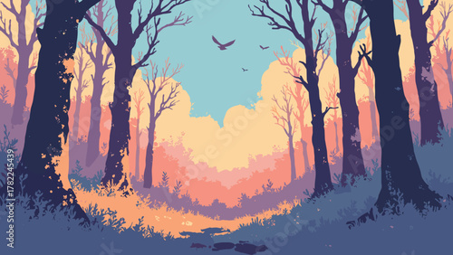 Chrome petrified forest — glassy fossil trunks under a pixel-sky with floating data-motes, palette: chrome, amber, slate, no people