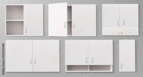 realistic 3d white kitchen cabinet furniture set isolated on transparent background. Wall mounted storage closet units with shelves, closed and open doors, metal handles for interior design mockups.