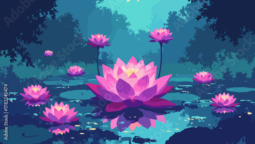 Neon lotus pond — oversized lotus with glowing veins and hovering holo-lilies, palette: magenta, teal, pearl, no people