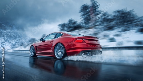 Red Sports Car Drifting on Snowy Mountain Road — Winter Driving, Speed Motion Blur, Performance Car Action Scene