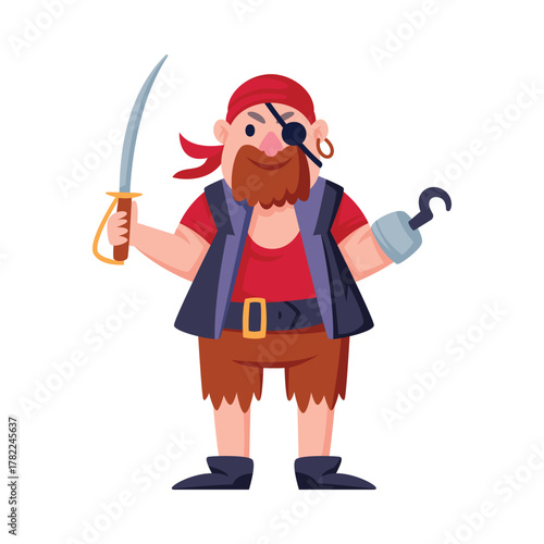 Man Pirate Character in Bandana with Hook Vector Illustration