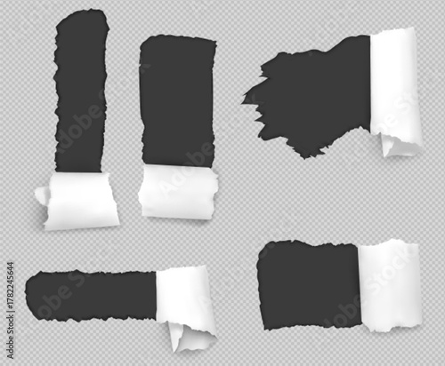 Torn paper holes revealing dark background with curled edges and ripped textures isolated on transparent bg. Realistic sale banner elements with roll effects for promotional design or discount layout.